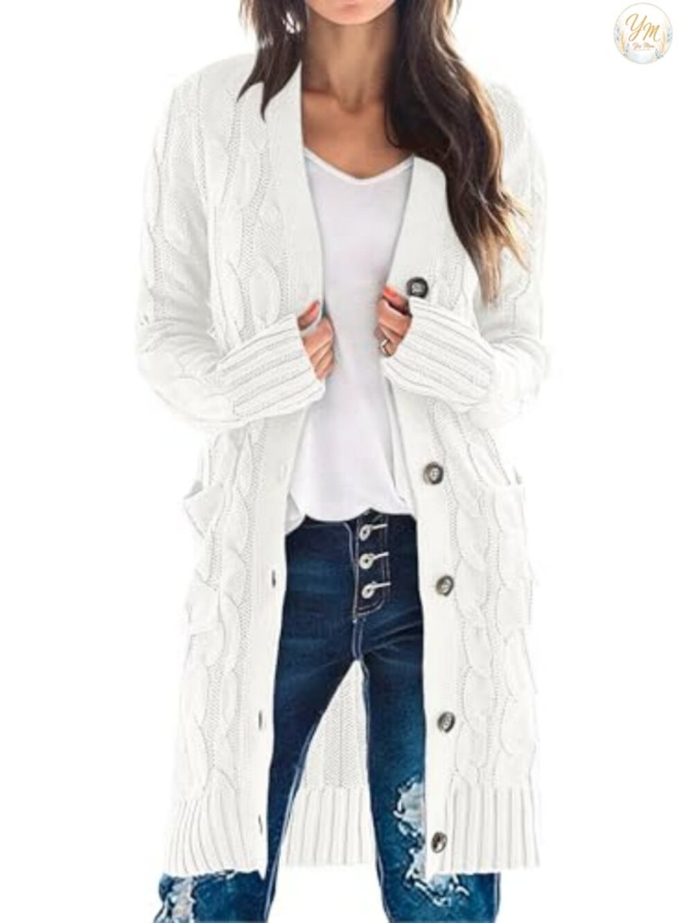 Women's Cable Knit Button Down Long Cardigan Sweater Cozy Winter